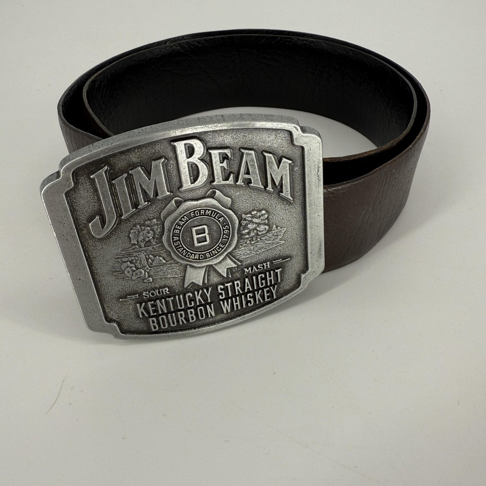 Jim Beam Belt Mens 34 Brown Large Metal Buckle Whiskey Bourbon Advertising Strap